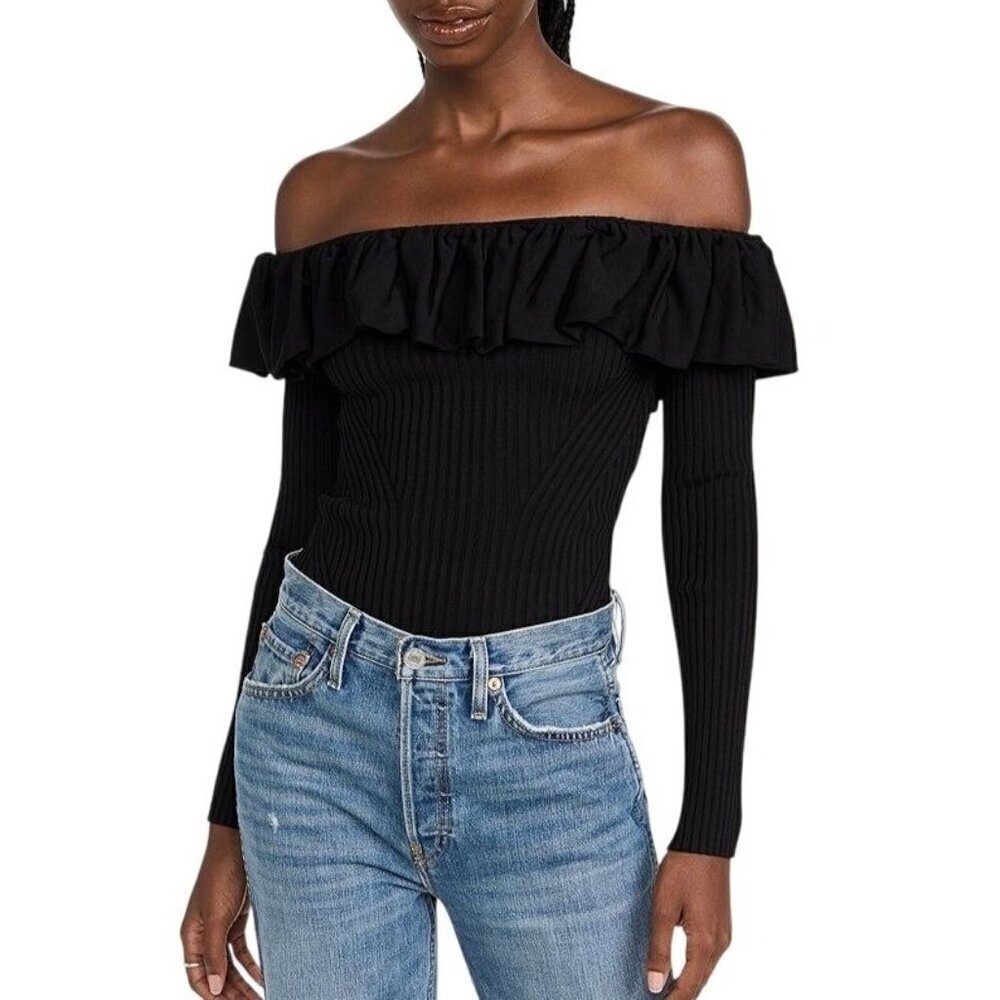 Jonathan Simkhai Isabelle Off-the-shoulder Ruffled Ribbed-knit Top, XL, NWT‎